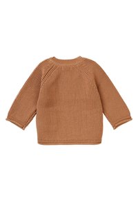 Pull en tricot marron au fit décontracté, texture côtelée, encolure ronde et manches repliées, présentant un design texturé et confortable.