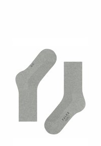 Chaussettes en coton gris avec une texture lisse. Design mi-mollet, avec des talons et des orteils renforcés. Comprend le logo "FALKE FAMILY" sur le côté.