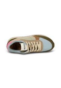 Multicolored sneaker featuring green, brown, tan, blue, and pink panels. Made of suede and fabric with a rubber sole and beige laces.