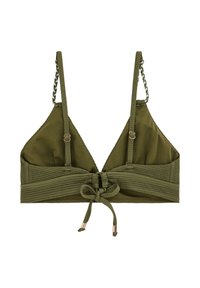 Alyvuogių žalios spalvos tekstūruotas bikini viršus su reguliuojamomis pintomis petnešėlėmis ir priekyje surišama kaspino forma su auksiniu metalo galiukais.