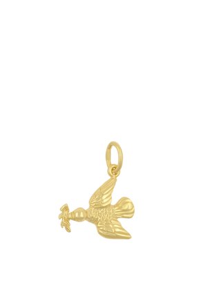 Goldener Anhänger in Form einer fliegenden Taube, die einen Olivenzweig hält, mit detaillierten Flügeln und Schwanzfedern.
