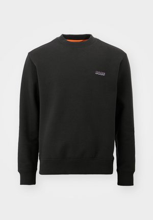 Black sweatshirt in cotton blend with ribbed cuffs and hem, featuring a small, multicolored "BOSS" logo on the left side of the chest.