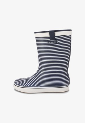 Botte de pluie en caoutchouc à rayures bleu marine et blanches, avec semelle blanche et bordure blanche, étiquetée "Armor-lux" sur le côté.