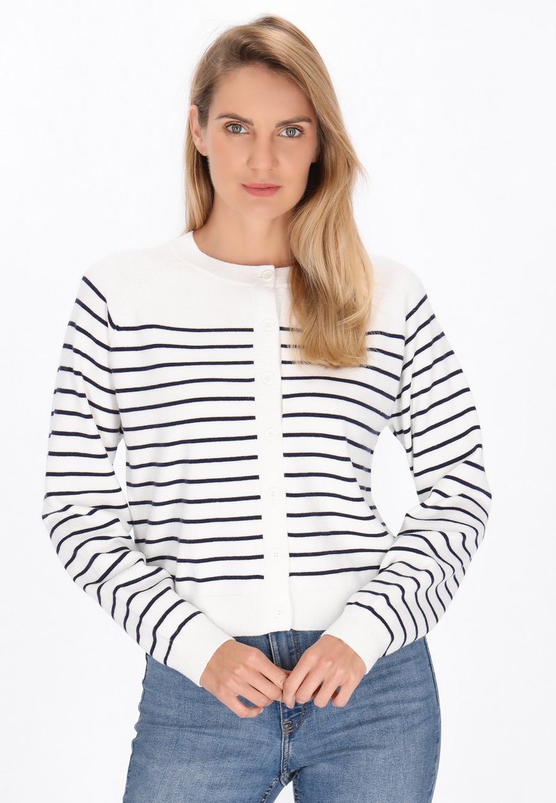 Weißer Cardigan mit navyblauen horizontalen Streifen, langen Ärmeln, rundem Ausschnitt und Knopfverschluss. Über blauen Jeans getragen. Weiches Strickmaterial.