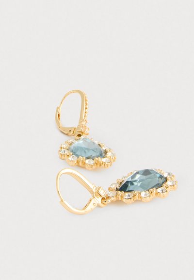 Gold-tone earrings featuring blue faceted gemstones surrounded by clear rhinestones, with leverback closures and a decorative design.