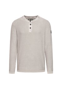 Hellgrauer Langarmpullover mit strukturiertem Strick. Mit Rundhalsausschnitt, Knopfverschluss und kleinem Logopatch am Ärmel.