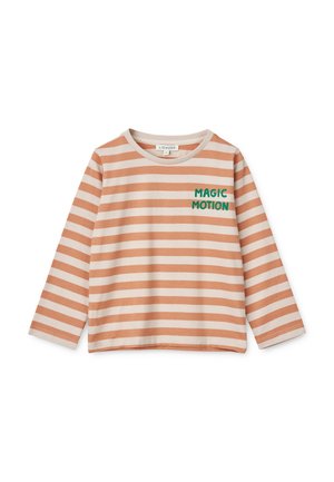 T-shirt à manches longues pour tout-petit avec des rayures horizontales beige et marron clair et un texte vert "MAGIC MOTION" sur la poitrine gauche.