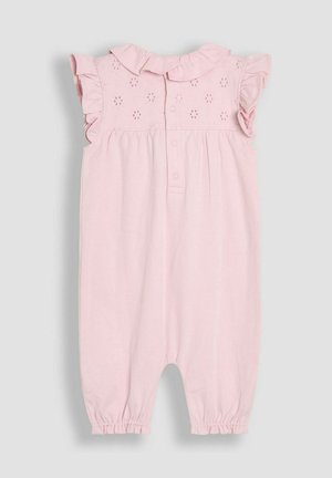 Světle růžový overal s volánkovým límečkem, detailním vyšívaním na těle a elastickými manžetami na kotnících. Zapínání na knoflíky vpředu.