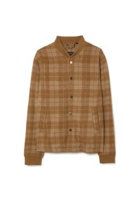 Giacca a quadri marrone realizzata in tessuto morbido. Presenta una chiusura frontale con bottoni, due tasche laterali, polsini a costine e un colletto. Discreto motivo a quadretti su tutta la superficie.