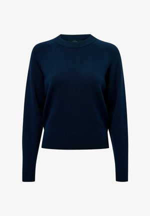 Suéter azul marino hecho de tela suave, con un cuello redondo acanalado y mangas raglán largas con un ajuste relajado. Diseño simple, sin patrones.