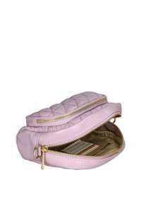 Borsa in pelle rosa trapuntata con cerniere dorate, due scomparti e una texture morbida. Presenta una tasca interna e l'etichetta del brand.
