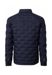Granatowa ocieplana kurtka z pikowanym wzorem, zapięcie na zatrzaski przy mankietach oraz klasycznym kołnierzem. Gładka faktura z elastycznymi rękawami.