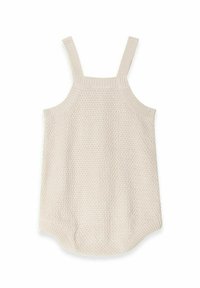 Beige strikket tanktop med brede stropper, struktureret overflade og bølget kant. Har en løs pasform og åndbart stof.