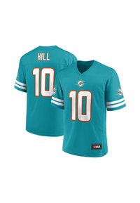 Τζέρσεϊ ποδοσφαίρου της ομάδας Miami Dolphins σε χρώμα τιρκουάζ με τον αριθμό 10 μπροστά και πίσω, το όνομα Hill στην πλάτη και το λογότυπο της ομάδας στα μανίκια και στο στήθος.