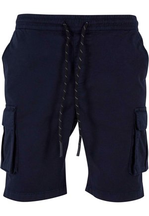 Short cargo bleu marine avec ceinture élastique et cordon noir, doté de poches latérales avec rabat et d'un design simple et décontracté.