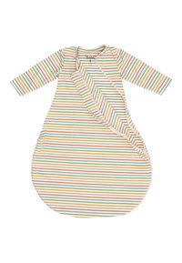 Striped baby sleeping bag in soft cotton, featuring pastel colors and a teardrop shape with long sleeves and a buttoned opening on one side.