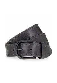Schwarzer Leder Gürtel mit strukturierter Oberfläche, genietetem Akzent entlang der Kanten und einer schwarzen Metallschnalle. Ausgestattet mit mehreren Löchern zur Anpassung.
