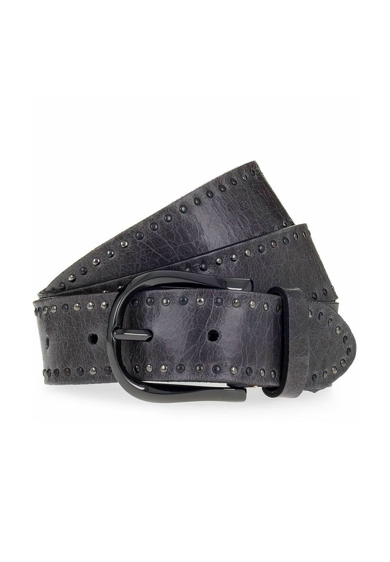 Schwarzer Leder Gürtel mit strukturierter Oberfläche, genietetem Akzent entlang der Kanten und einer schwarzen Metallschnalle. Ausgestattet mit mehreren Löchern zur Anpassung.