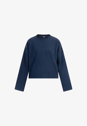 Mørkeblå bomulds sweatshirt med lange ærmer, rund hals, afslappet pasform og lige kant. Har sænkede skuldre og minimale syninger.