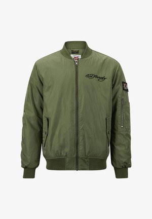 Olive green bomber jacket with a zip front, ribbed cuffs, and side pockets. Features embroidered logo and a patch on the left sleeve.