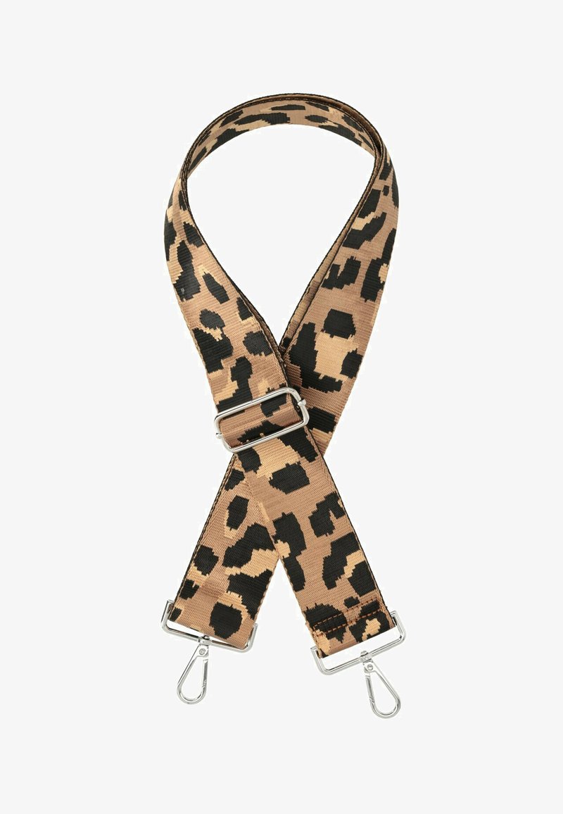 Cinghia in stampa leopardata in marrone e nero, realizzata in tessuto. Dotata di accessori in argento e lunghezza regolabile per maggiore versatilità.