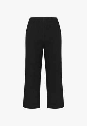 Black pants with an elastic waistband, cropped length, and straight leg design. Made from soft fabric with subtle stitching details.