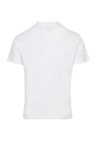 Camiseta de algodón blanca de manga corta, con cuello redondo y dobladillo recto. Textura suave, sin patrones ni adornos. Se muestra vista trasera.