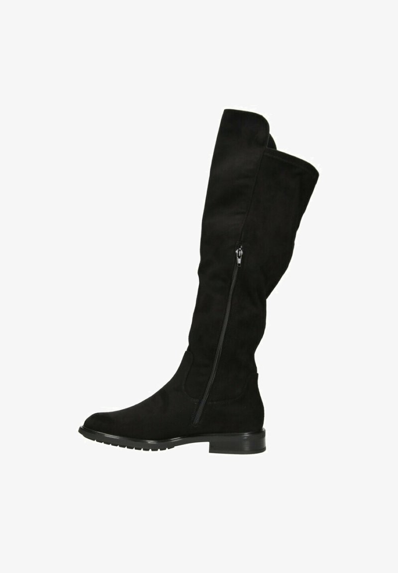 Stivali neri al ginocchio con una finitura in suede morbido, chiusura con zip laterale, punta arrotondata e tacco basso e spesso. Texture liscia e design aderente.