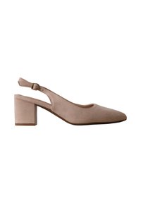 Chaussure slingback en daim beige à talon bloc et bout pointu, avec une bride réglable avec boucle.