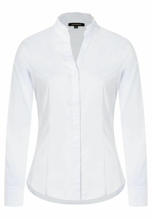 Camicia bianca a maniche lunghe con bottoni, collo alto arricciato e vestibilità sagomata.