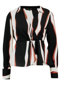 Blusa nera con maniche lunghe, caratterizzata da un design avvolgente. Strisce rosse, bianche e nere creano un motivo a texture. Include polsini con bottoni.
