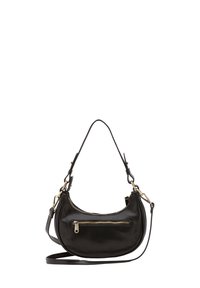 Borsa a tracolla in pelle nera con forma curvata, dettagli in metallo dorato, chiusura con zip superiore e tasca con zip frontale. Dotata di una tracolla rimovibile.