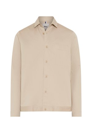 Beige langärmeliges Hemd mit Knopfleiste, Brusttasche und klassischem Kragen, schlichtes Design, Knöpfe an der Vorderseite und an den Manschetten.