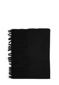 Bufanda de lana negra con flecos largos en un lado, textura suave y forma rectangular, ideal para abrigar y superponer.