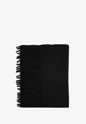 Must musträtik, millel on ühel küljel pikad fringingud, siledat tekstuur ja ristkülikukujuline kuju, ideaalne soojuse ja kihilisuse saavutamiseks.