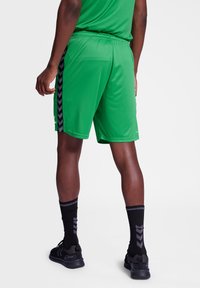 Pantalones cortos deportivos verdes con rayas laterales en forma de chevron negras, con una banda elástica en la cintura. Combinados con calcetines negros y zapatillas deportivas.