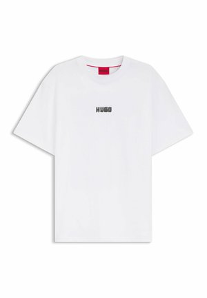 T-shirt bianca in cotone con maniche corte, scollo rotondo e logo "HUGO" ricamato in argento sul petto. Texture liscia, vestibilità casual.