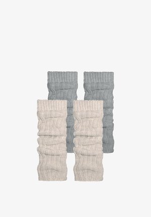 Two pairs of textured knitted arm warmers in light gray and cream, featuring ribbed patterns and folded cuffs.