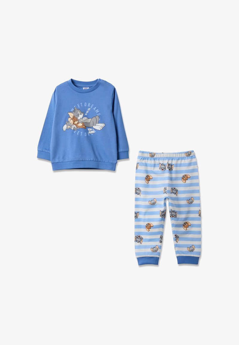 Maglia a maniche lunghe blu con stampa di Tom e Jerry che dormono e pantaloni a righe coordinati con volti ripetuti di Tom e Jerry con varie espressioni.