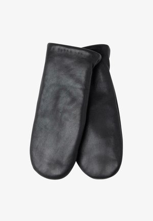 Black leather mittens with smooth texture, rounded shape, and stitched detailing, designed for warmth and protection.