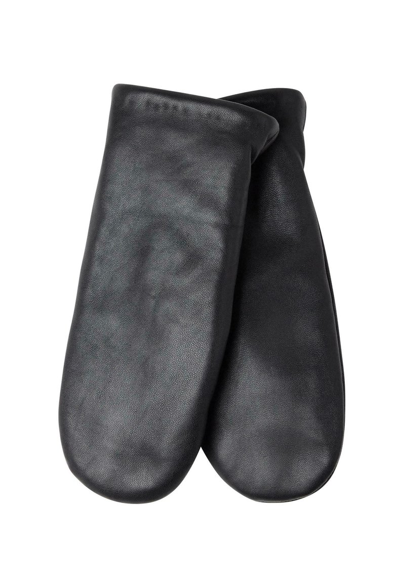 Black leather mittens with smooth texture, rounded shape, and stitched detailing, designed for warmth and protection.