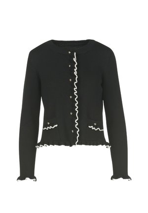 Juodas megztas kardiganas su ilgomis rankovėmis, raukšlėtu apvadu, baltais akcentais ir dekoratyviais mygtukais priekyje ir ant kišenių.