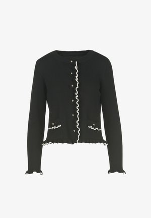 Juodas megztas kardiganas su ilgomis rankovėmis, raukšlėtu apvadu, baltais akcentais ir dekoratyviais mygtukais priekyje ir ant kišenių.