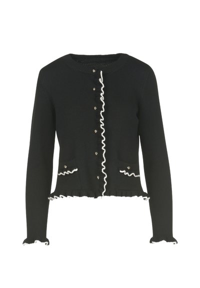 Zwarte gebreide cardigan met lange mouwen, ruches, witte accenten en decoratieve knopen aan de voorkant en op de zakken.