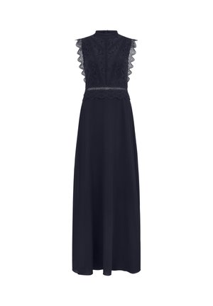 Robe longue noire sans manches avec col haut en dentelle, corsage en dentelle, finition en dentelle festonnée aux épaules et à la taille, jupe fluide.