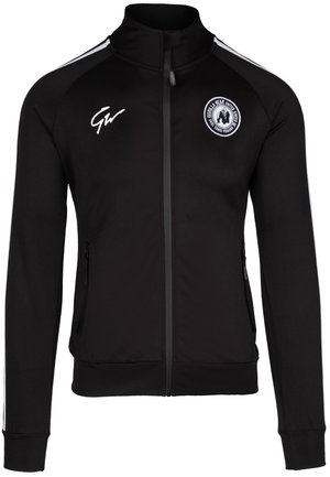 Zwarte ritsjack met hoge kraag, voorzien van witte zijstrepen en logo op de linkerborst, gemaakt van een gladde, rekbare stof.
