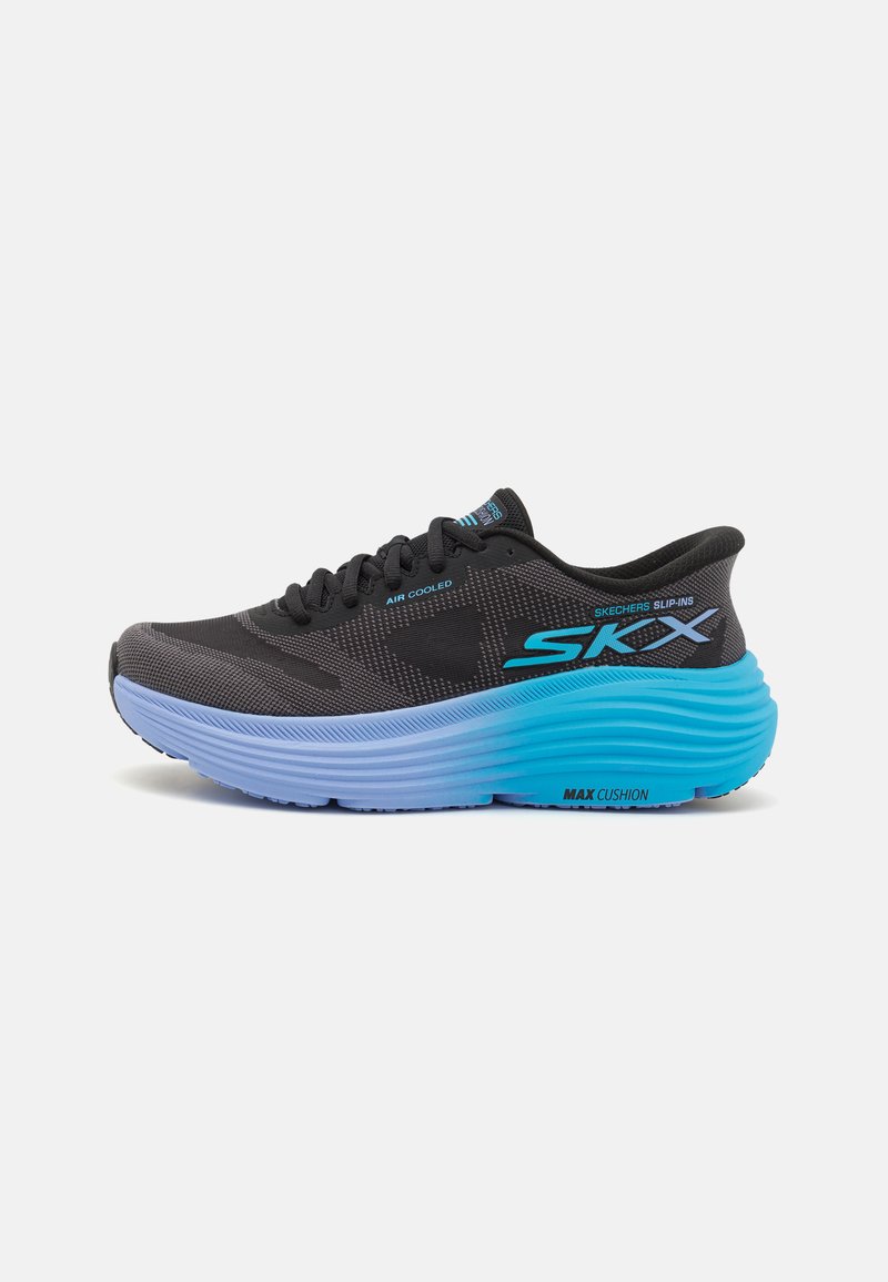 Black athletic shoe with a breathable mesh upper, blue accents, thick light-blue cushioned sole, and textured surface details.