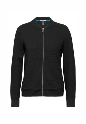 Black quilted zip-up jacket with a bomber collar, elastic cuffs, and a smooth interior lining. Features a central zipper and a textured finish.