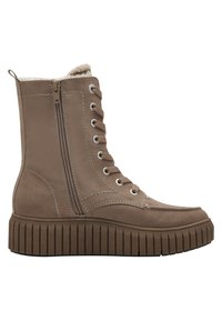 Bottines en suède marron avec une semelle crantée épaisse, dotées d'une fermeture éclair à l'avant et d'un laçage, et d'une douce doublure en fourrure sur le dessus.