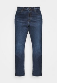 Mørkeblå denimbukser med lige pasform, fem lommer og lynlås lukning. Har subtile udtværing og syede detaljer.